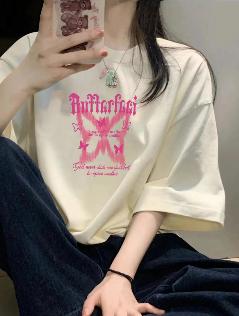 时尚圆领男女情侣同款休闲百搭印花落肩T恤-粉红蝴蝶