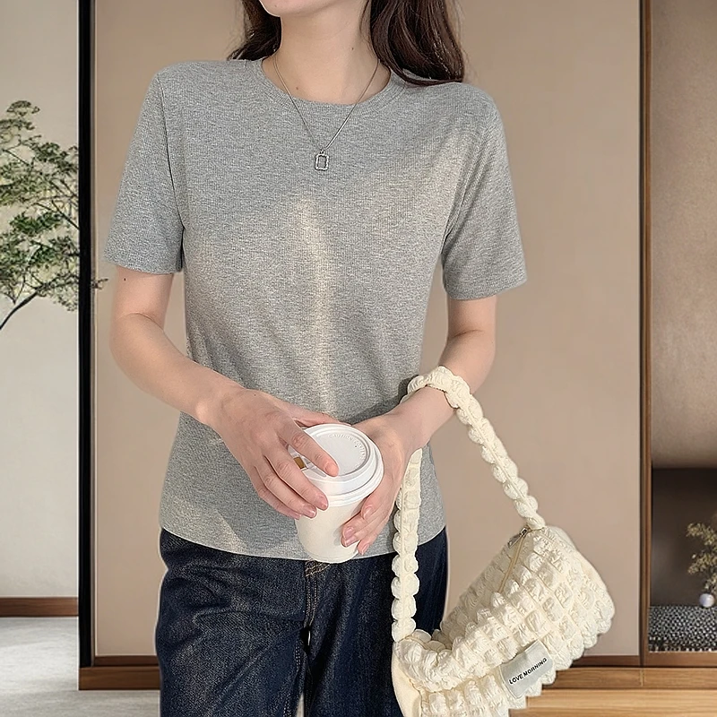 正肩短袖T恤女夏季新款螺纹休闲宽松洋气上衣体恤薄款百搭打底衫