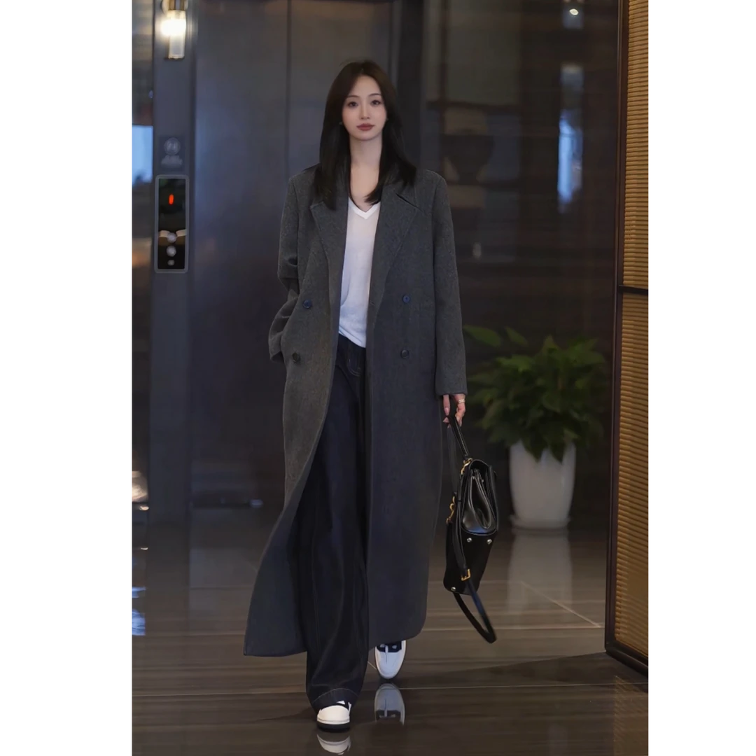 （韩素希）大衣气质穿搭时尚中长款秋冬羊毛单面呢大衣AF374