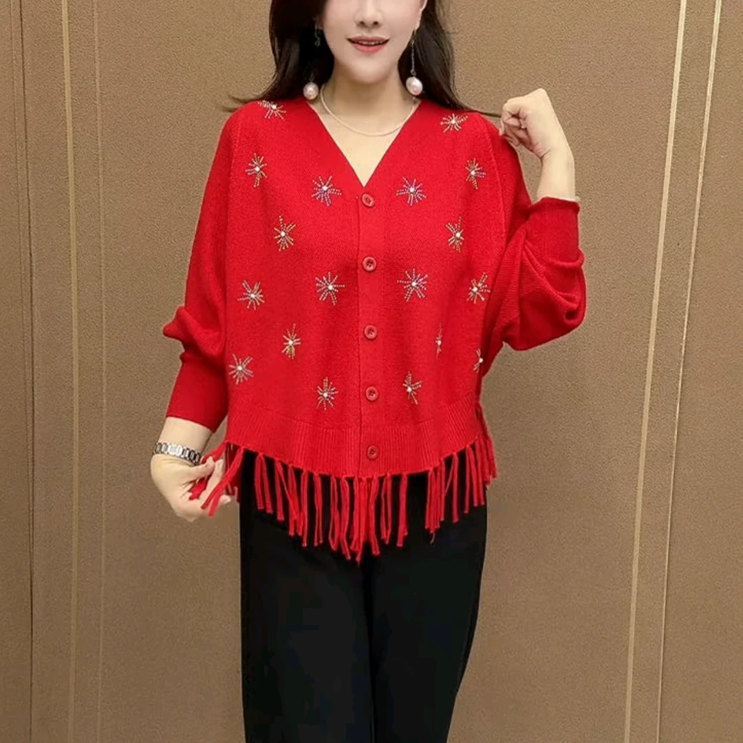 气质优雅中年妈妈太阳珠花纯色针织衫秋季上新蝙蝠袖宽松遮肉外套