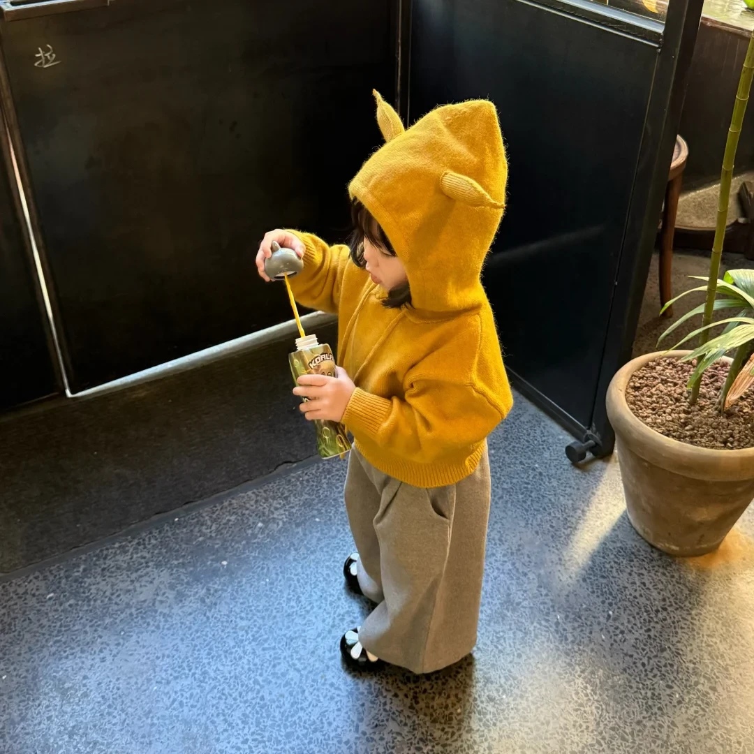 壹妈童装女童韩版秋冬套装洋气儿童黄色连帽针织衫灰色休闲阔腿裤