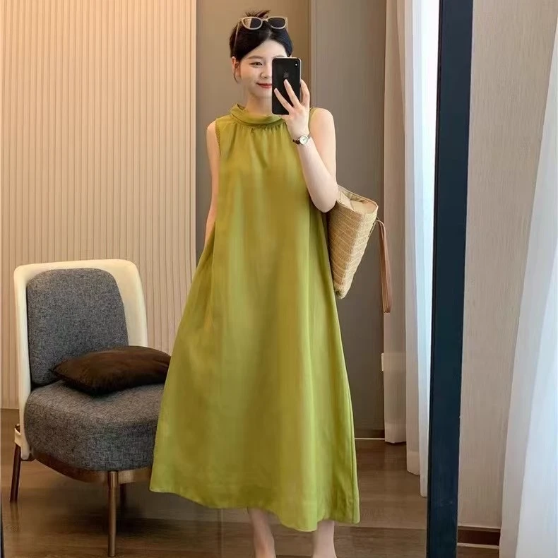 100%亚麻两面穿长裙显瘦无袖宽松休闲夏季纯色裙子中长款连衣裙