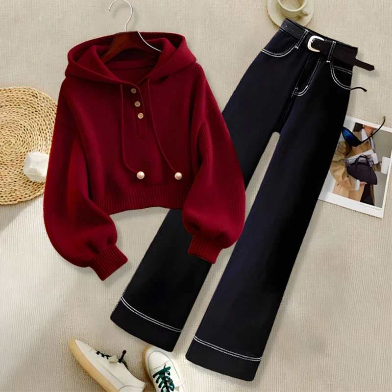 慵懒风洋气时尚洋气百搭女装红色卫衣秋季新款高腰直筒裤子两件套