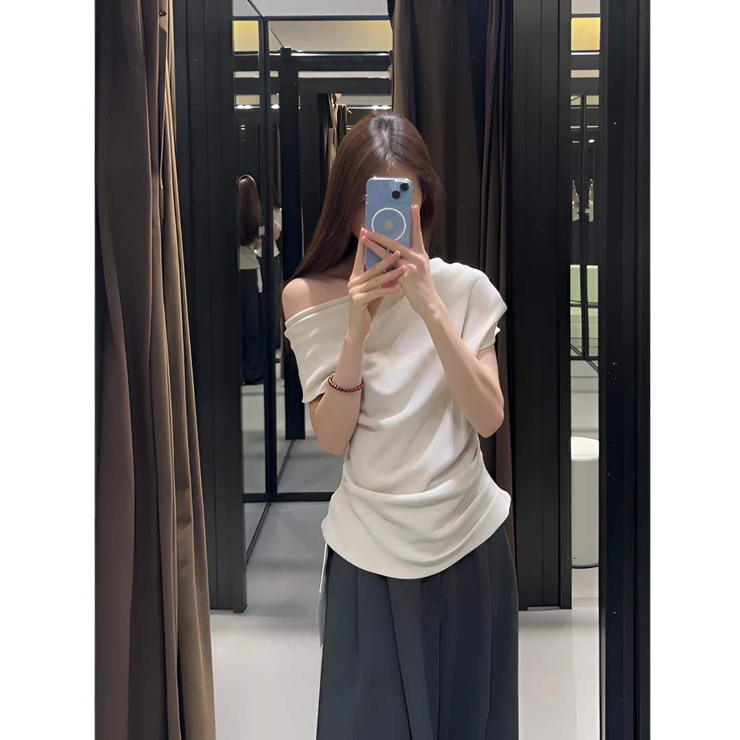 法式气质露肩短袖T恤女2025夏季褶皱收腰上衣深灰色阔腿裤两件套