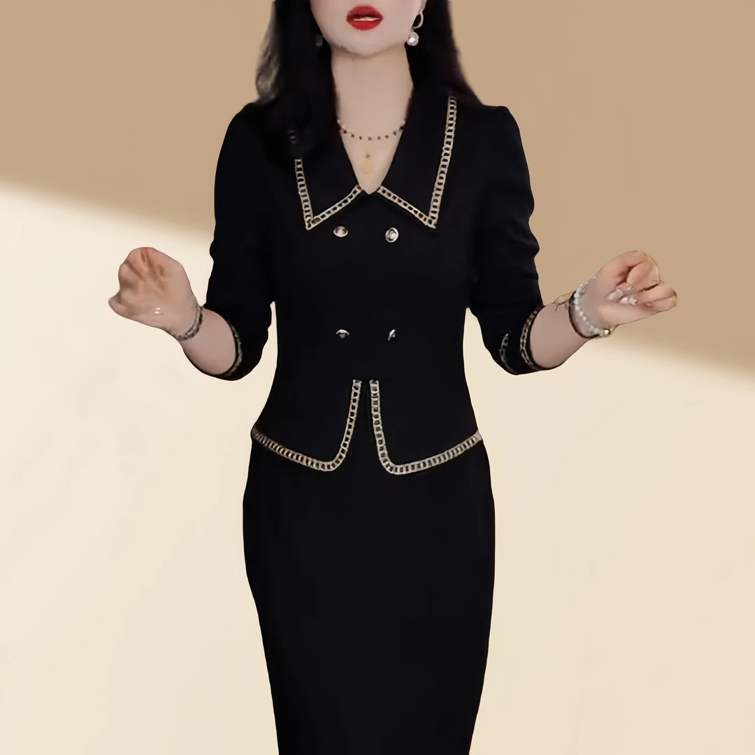 冬季新款时尚小香风加绒保暖百搭气质显瘦假两件打底连衣裙女