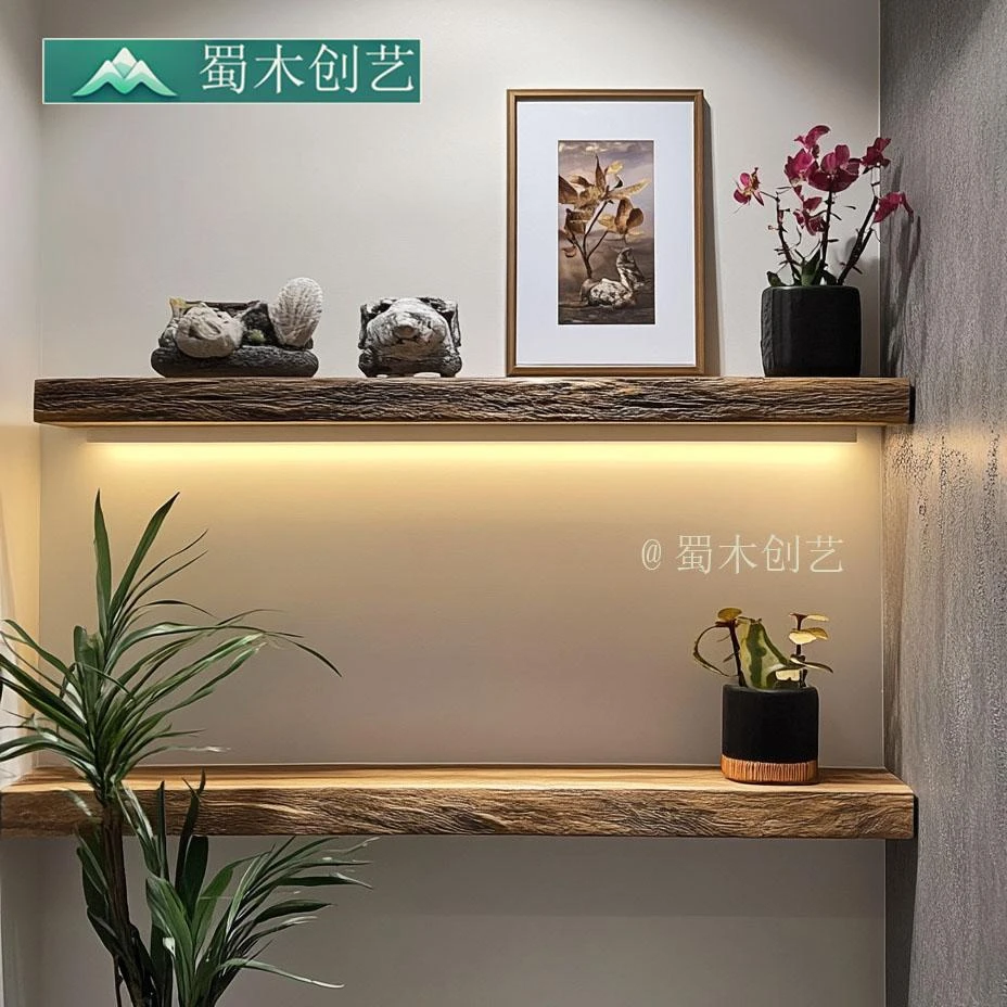 实木一字隔板置物架客厅背景高端民宿风装饰层板展示架带氛围灯