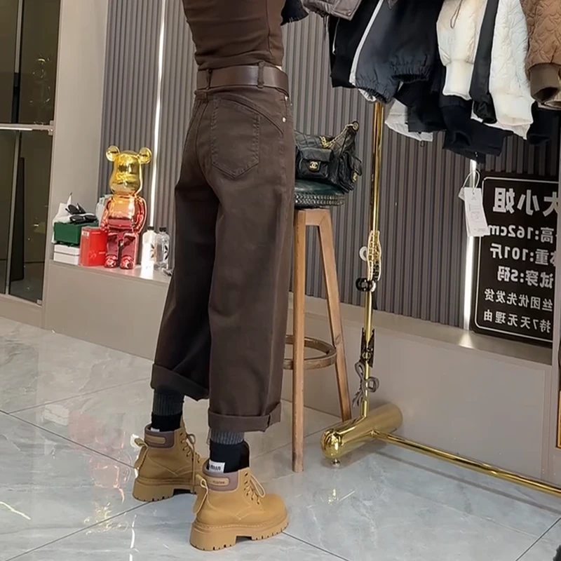 直筒工装牛仔裤女2025年秋冬新款加绒加厚高腰显瘦九分休闲阔腿裤