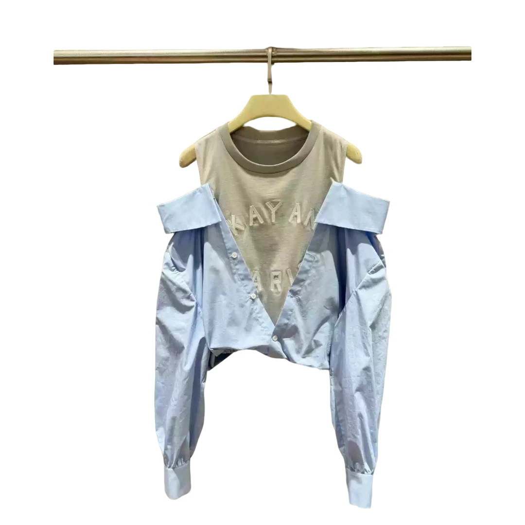 南油小众设计师新品字母拼接假两件长袖衬衫