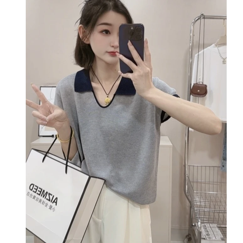 莱赛尔天丝~气质撞色翻领针织短袖夏季韩系穿搭新款透气宽松薄