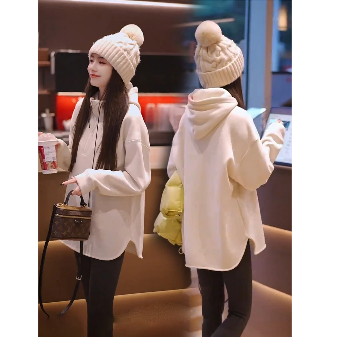 优质版韩版连帽加绒加厚中长款卫衣外套女休闲宽松时尚打底衫上衣