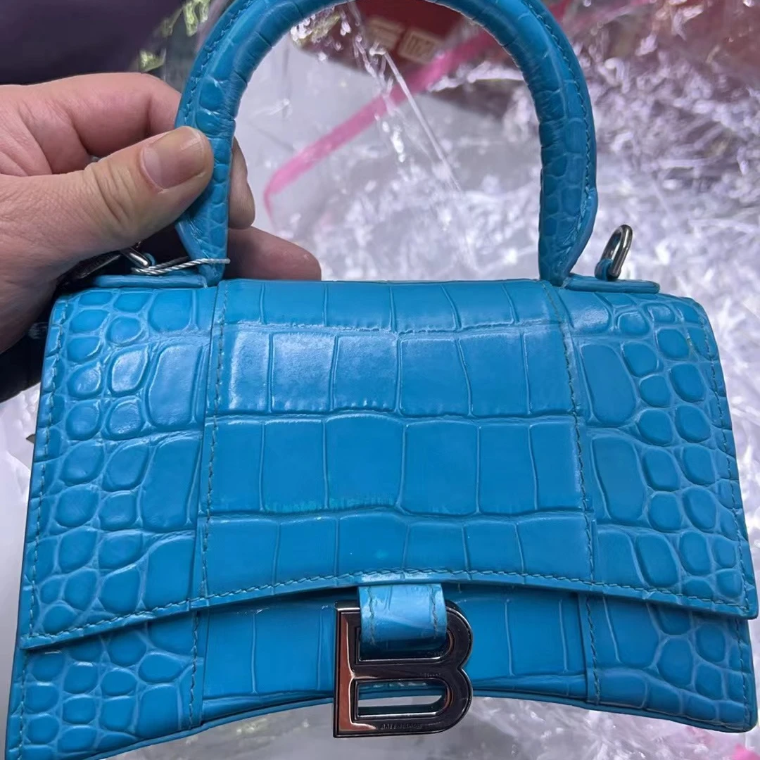 95新 Balenciaga/巴黎世家 沙漏 鳄鱼纹 天蓝银XS 手提斜挎包/
