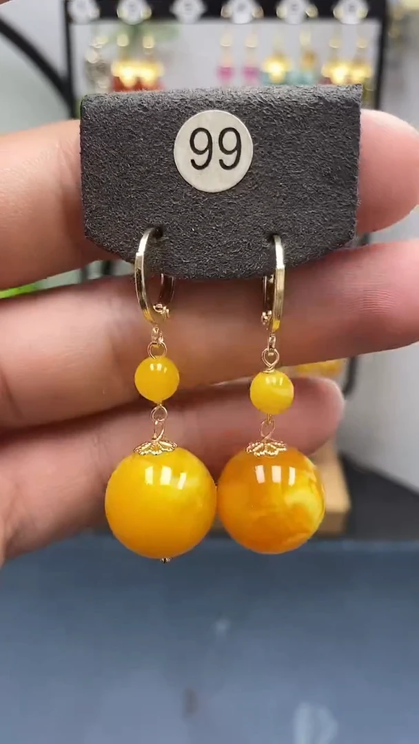 蜜蜡银S925镀金镶嵌耳饰尺寸16mm耳扣D1