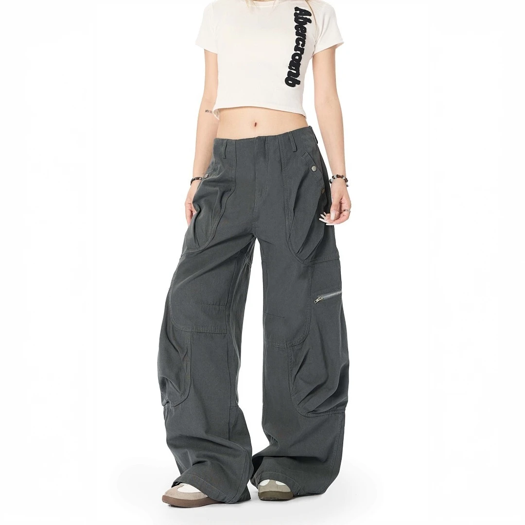 美式复古休闲时尚宽松直筒休闲长裤学院运动风阔脚口袋工装裤男女