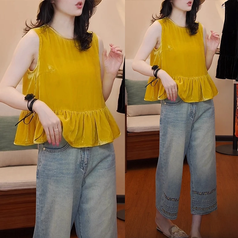 夏日穿搭套装女2025新款夏季荷叶边无袖背心上衣直筒牛仔裤两件套