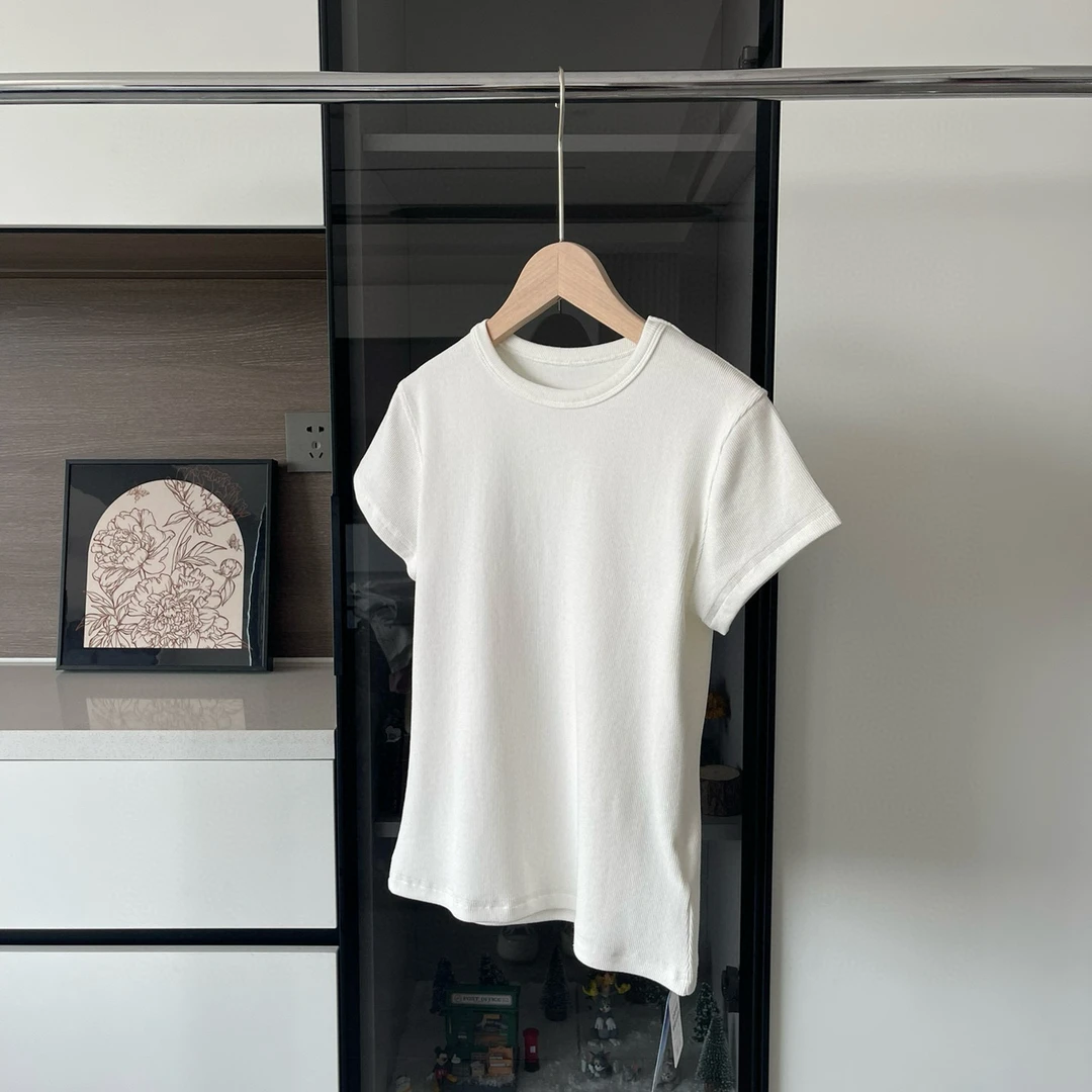 【春款上新】女士正肩圆领螺纹领口短袖T恤2249