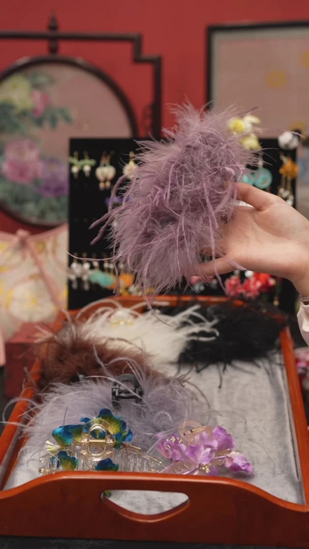 刺绣非遗绒花苏绣饰品 粉紫色13厘米抓夹