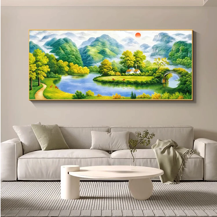 简约挂画高级感背靠金山聚宝盆山水画晶瓷装饰画客厅高档装饰画