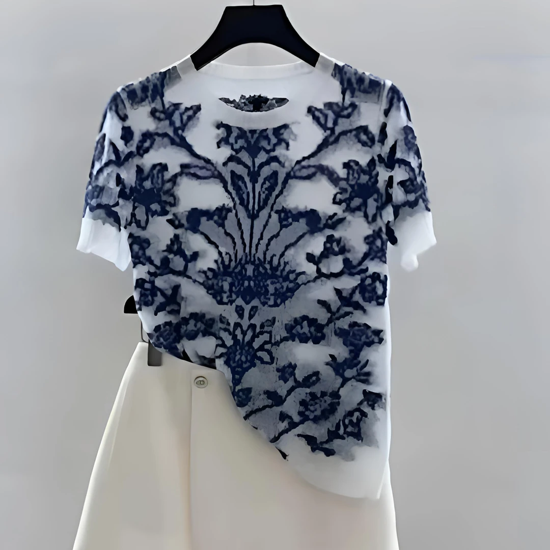 青花瓷修身网纱2025年夏季新款气质时尚百搭蓝色短袖T恤小衫1712