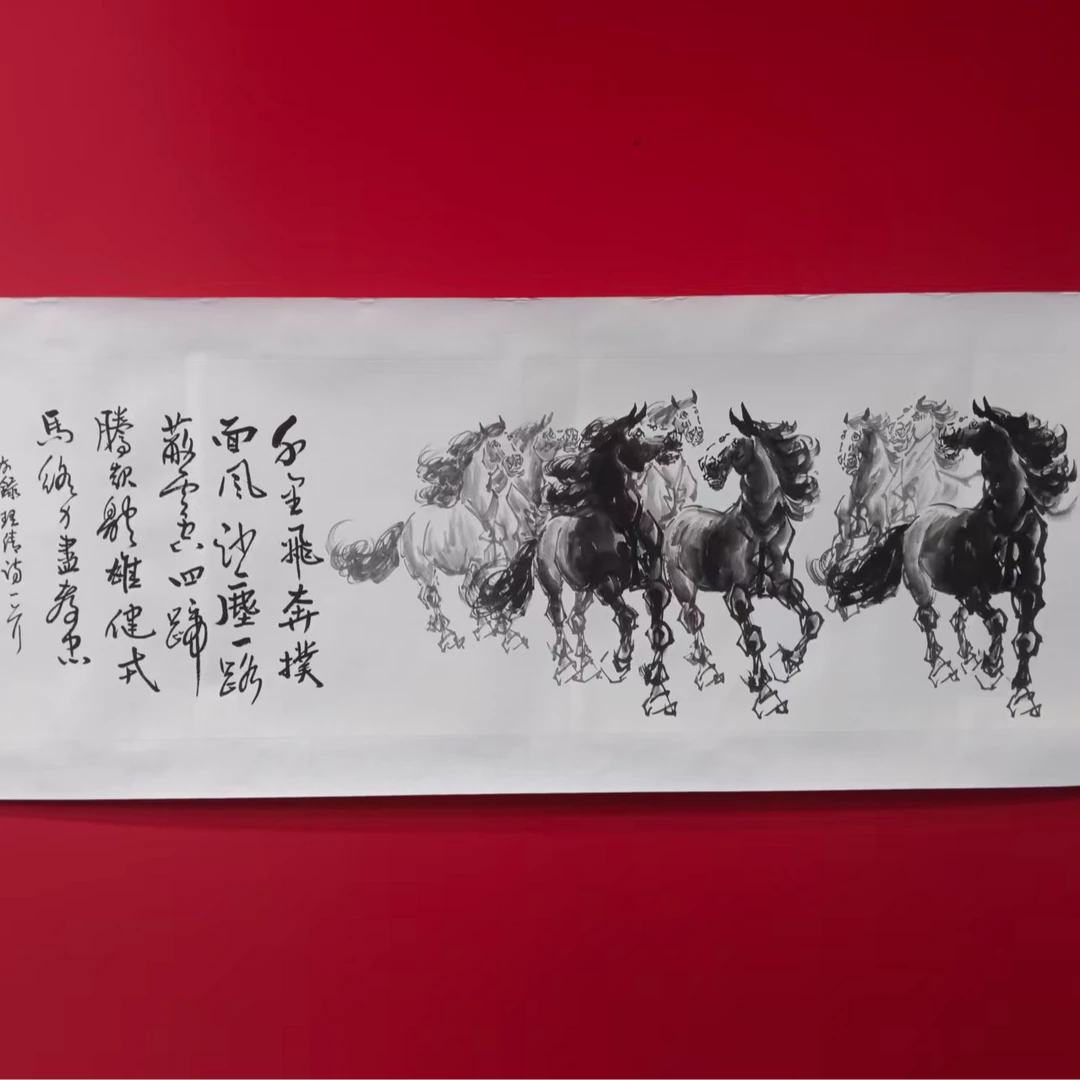 李新社手绘宣纸六尺对开横幅仿古骏马八骏雄风水墨画