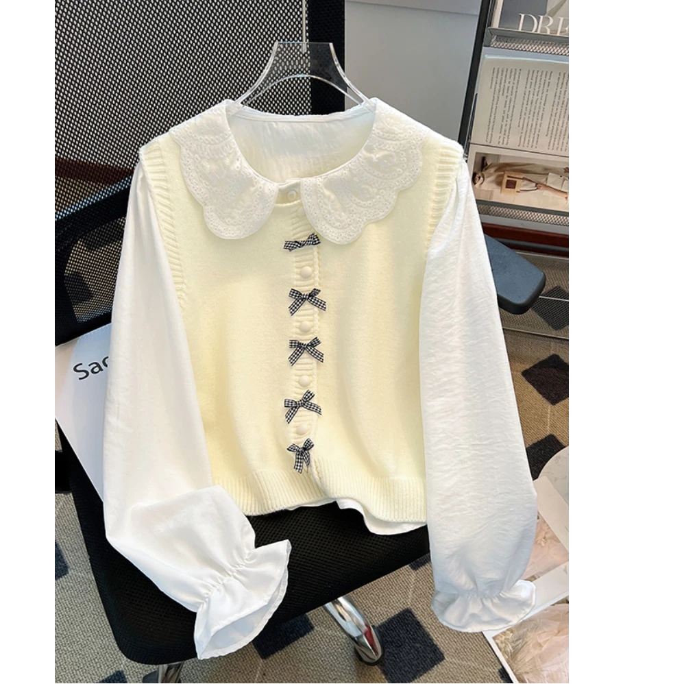 韩系甜美蝴蝶结装饰针织马甲春季新款长袖衬衫套装女两件叠穿上衣