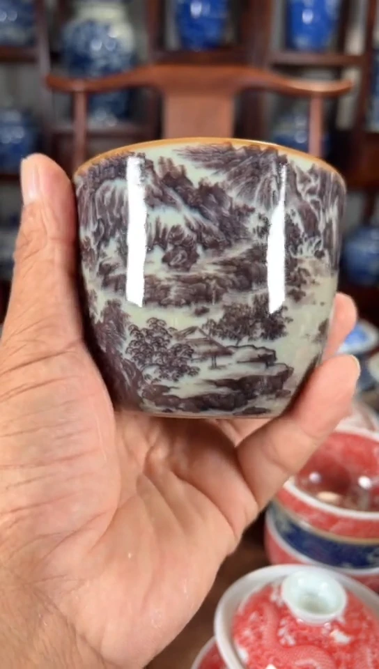 柴窑釉里红山水缸杯