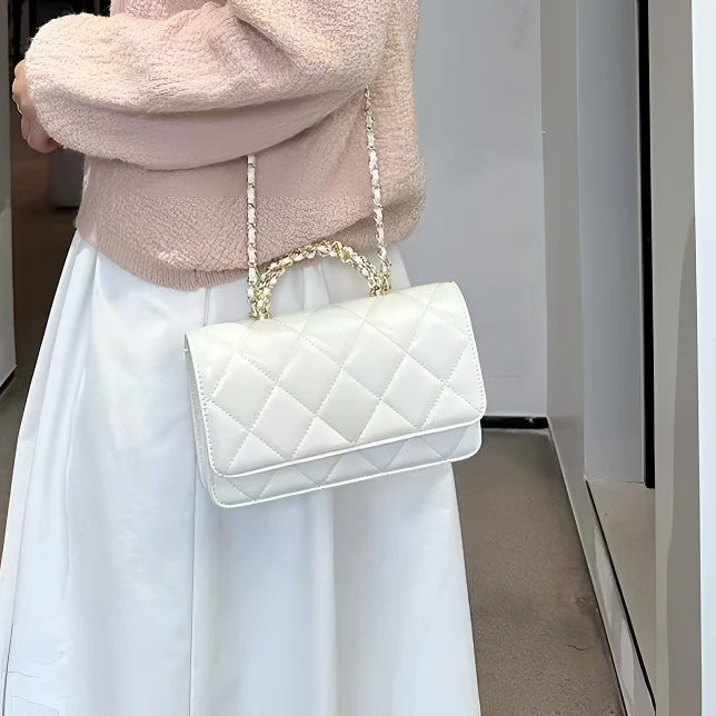 时尚气质菱格小香风手提女包X5299白（尺寸22*5.5*13）