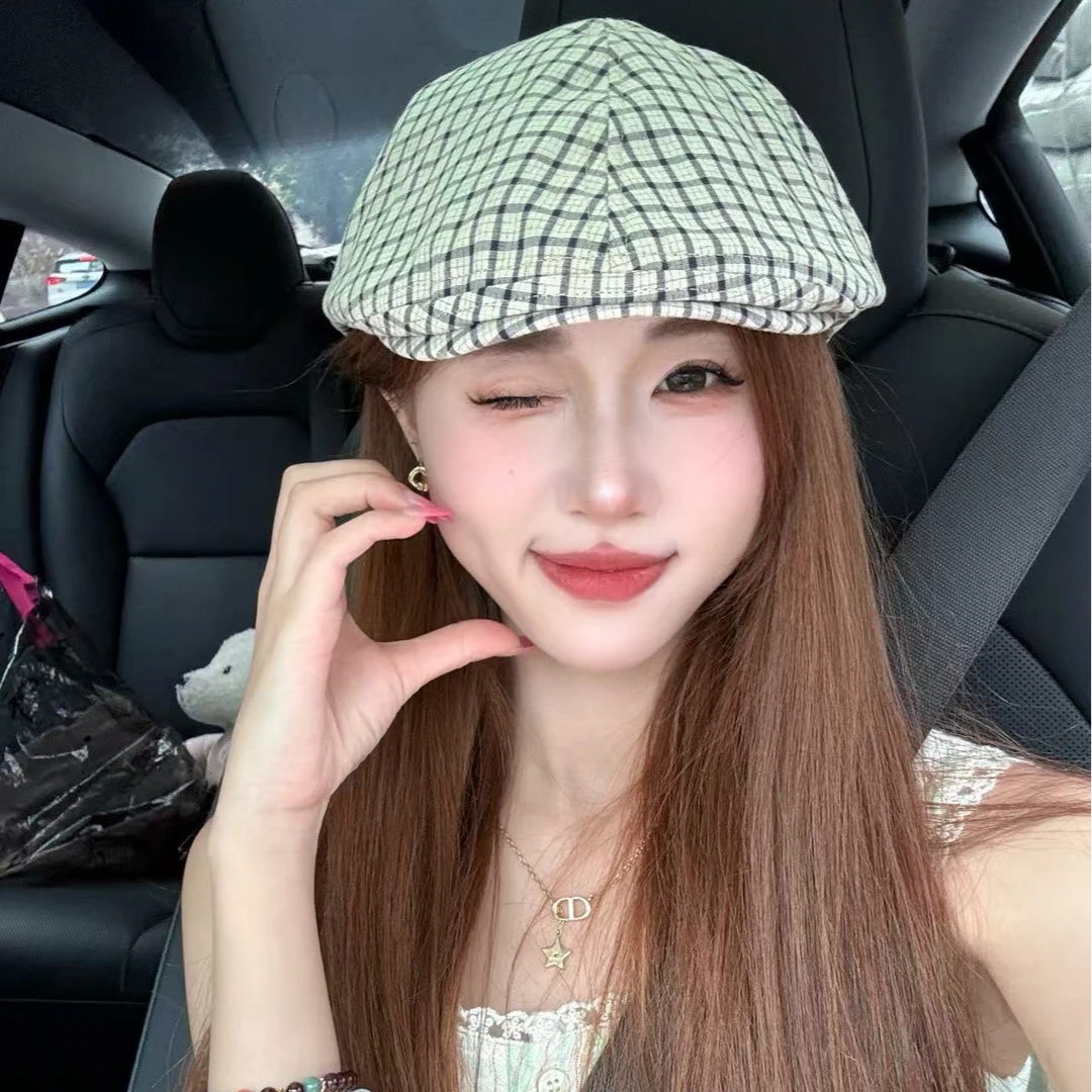 新款日系格纹简约百搭前进贝雷帽