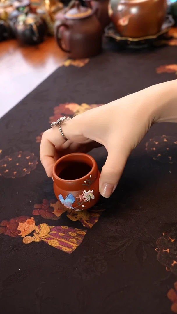 茶壶紫砂葫芦杯 蓝鸟百合花