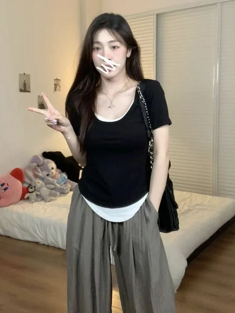 大码女装胖MM纯欲不规则拼接假两件u领正肩短袖t恤女夏季修身上衣