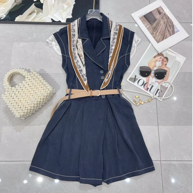 25258蓝色围巾无袖连体短裤