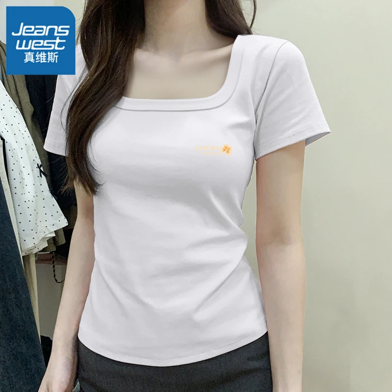 真维斯新款肩修身女短袖2026上衣白色辣妹显瘦t恤方领夏季正短款