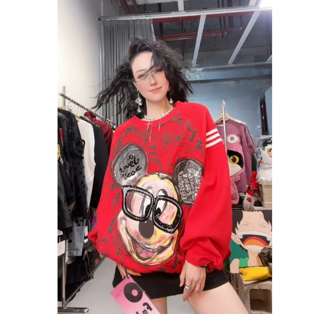 奇奇家 十三行 重工米奇亮片大版卫衣 红色