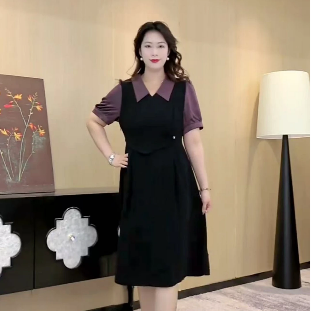 薇姐定制大码女装连衣裙2025夏季新款短袖拼接翻领裙子250850