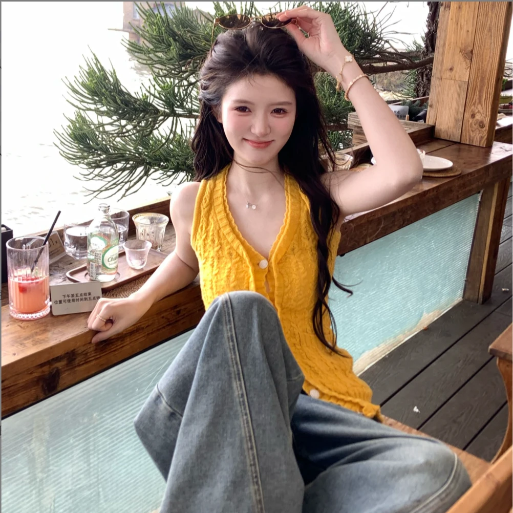 SSYDFER【翩翩如梦】设计感无袖V领显瘦韩版女学院风开衫女装外搭