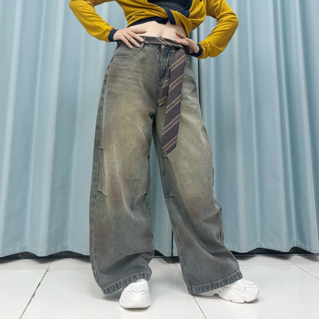 街舞潮牌复古辣妹牛仔长裤街头设计感潮酷帅长裤带抽绳送腰带