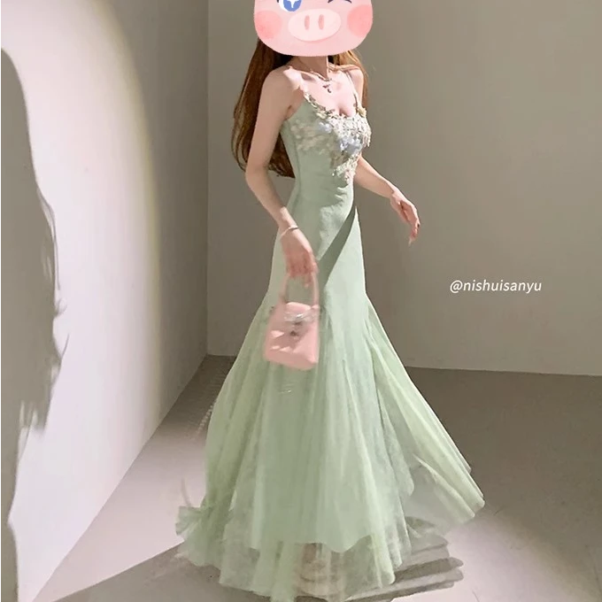 溺水鱼薄荷曼波绿色吊带连衣裙夏法式包臀鱼尾裙绝美度假裙设计感