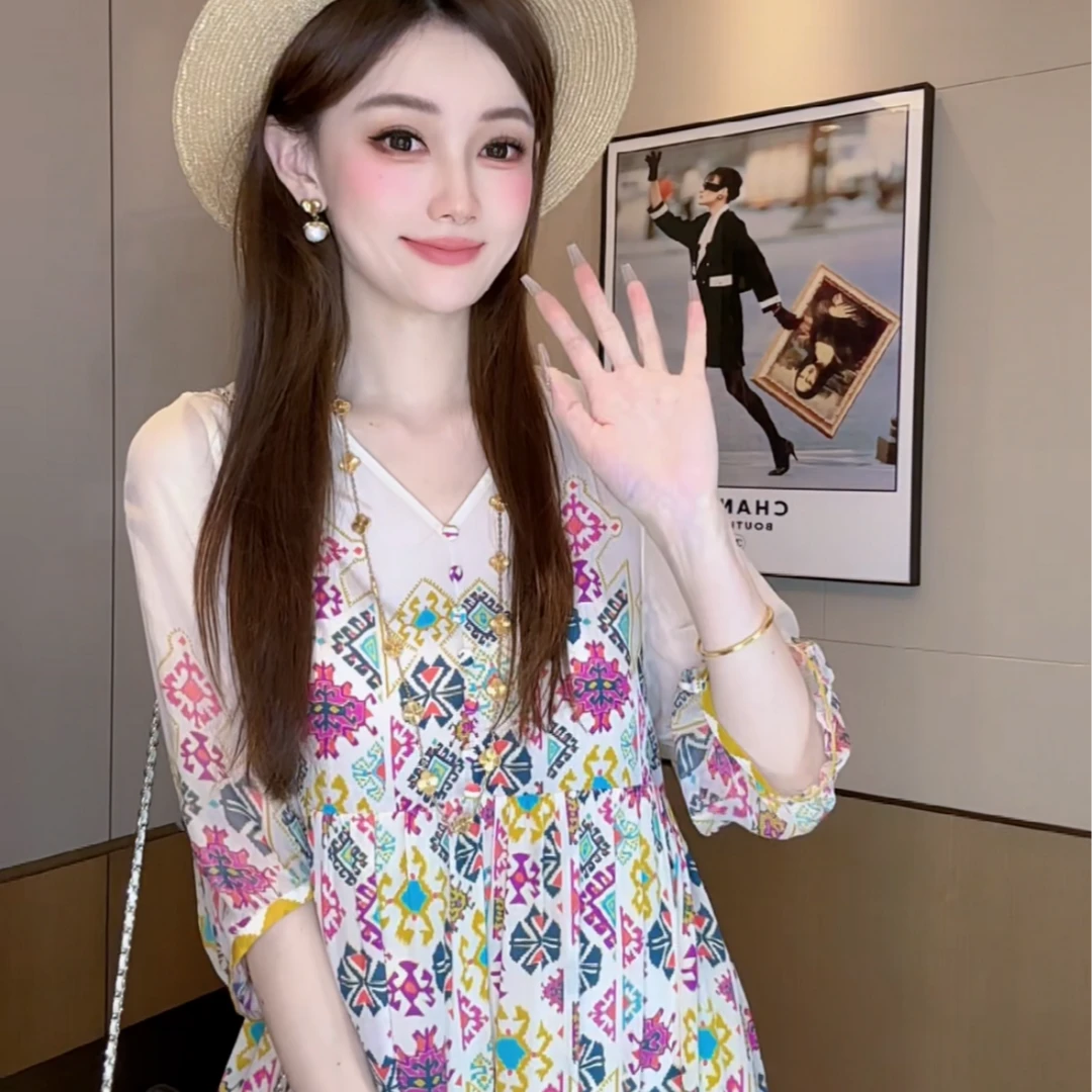 【丝芙玉禄】（S216）真丝双绉碎花气质重工春夏遮肉时尚长裙