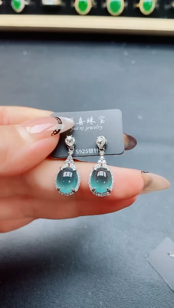 翡翠银S925镶嵌耳饰58500