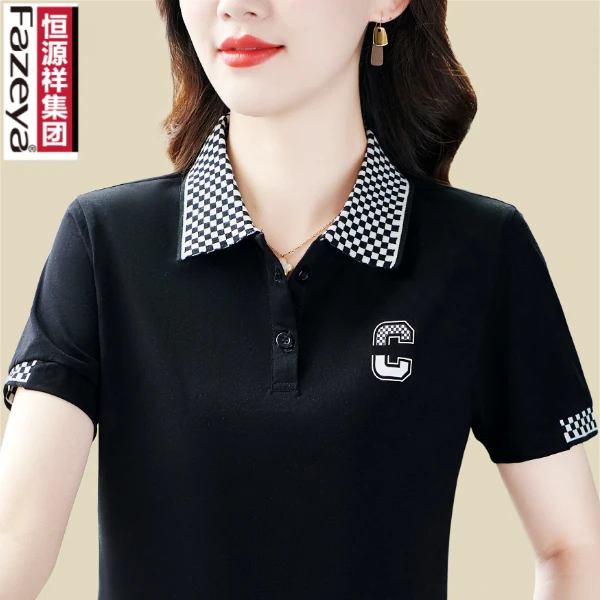 彩羊品牌装2024年中年妈妈polo短袖新款领宽松t恤女夏翻领百搭上
