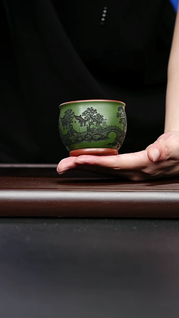 紫砂壶宜兴紫砂 山水底槽清 绿泥粉浆杯 高传琳 200cc