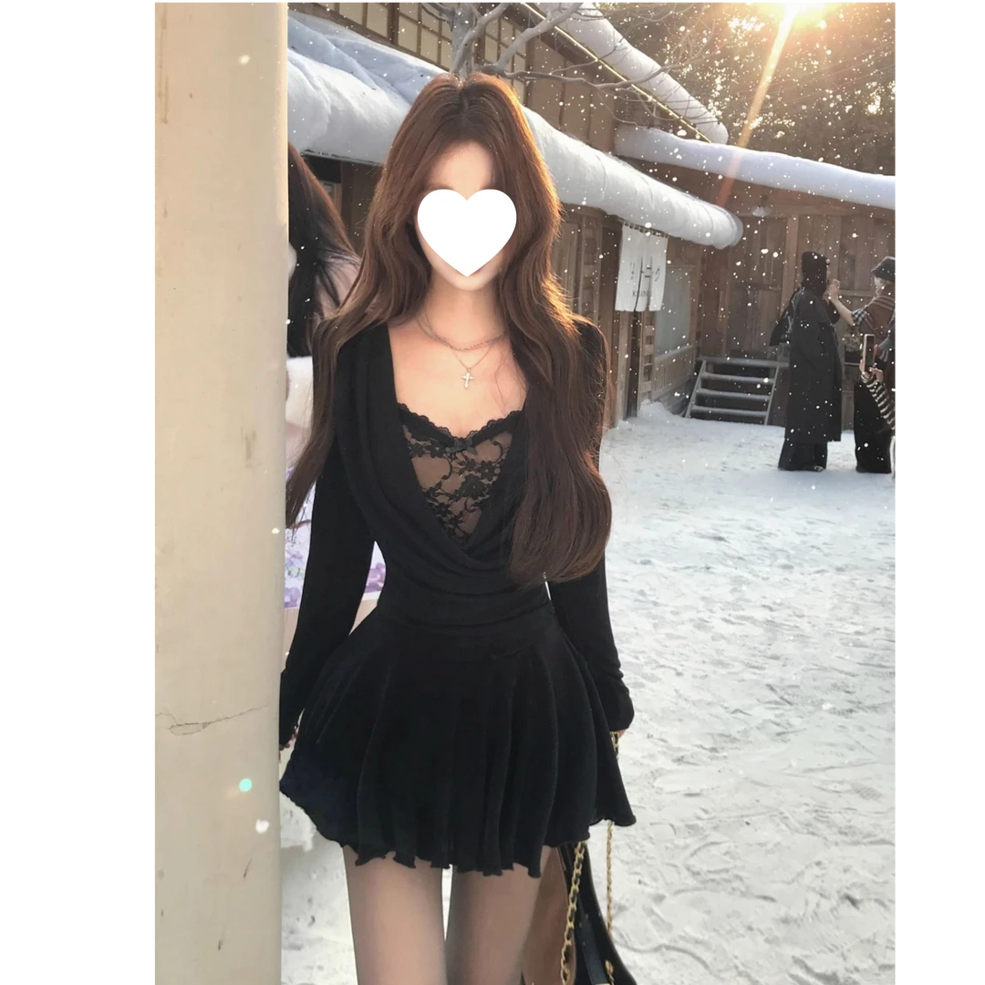 【幽夜幻灵】蕾丝纯欲小个子法式荷叶摆连衣裙