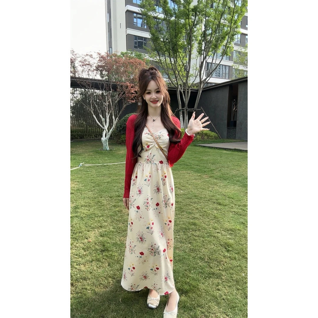 【两件套】法式气质夏季碎花吊带连衣裙显瘦遮肚度假时尚套装D1471