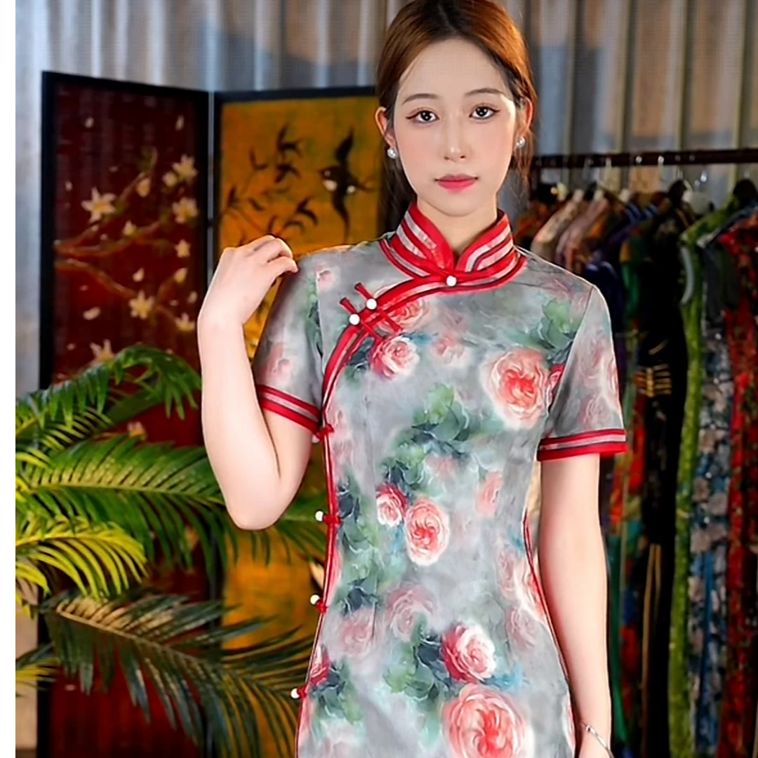 旗袍无袖低开衩短款显瘦印花时尚包袖中国风短袖气质网红夏季复古
