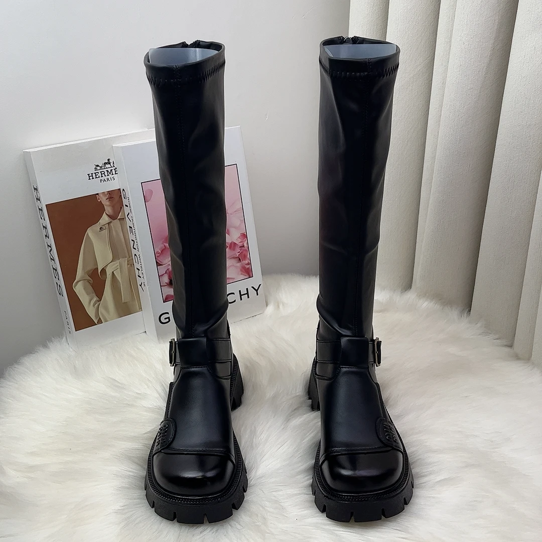 薄底长筒靴过膝靴平口高个子大码平底高筒靴女显瘦瘦靴百搭骑士靴