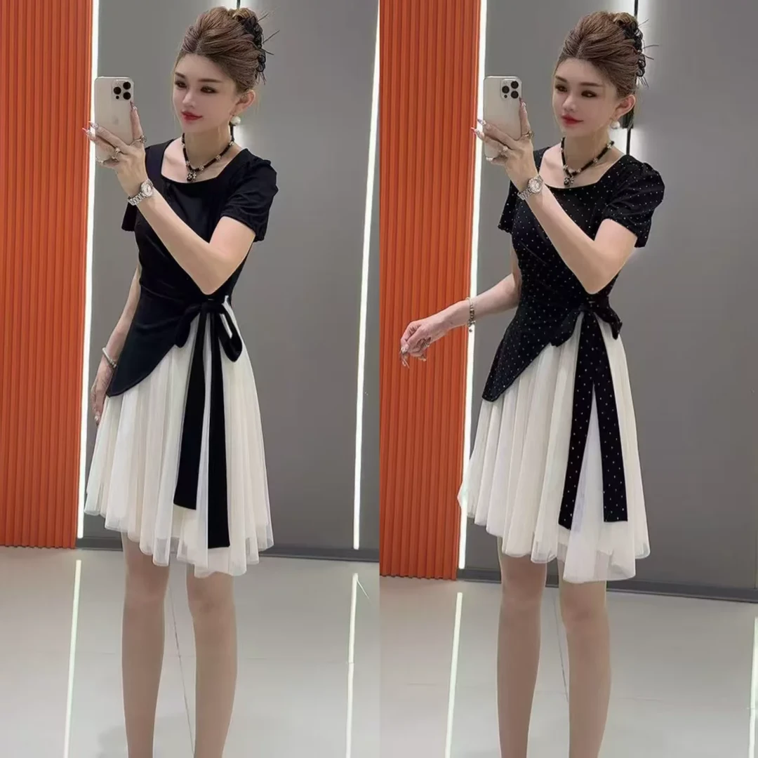 新款9882 洋气方领网纱拼接系绳假两件短袖连衣裙