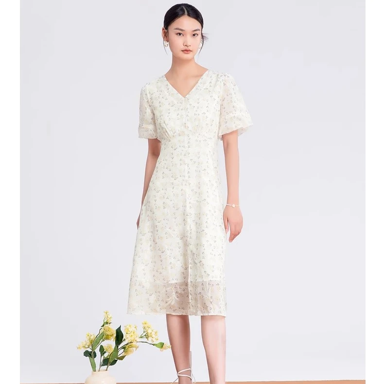 velwin蔚雯夏季新款A字裙V领碎花泡泡袖气质连衣裙女MELL305A15