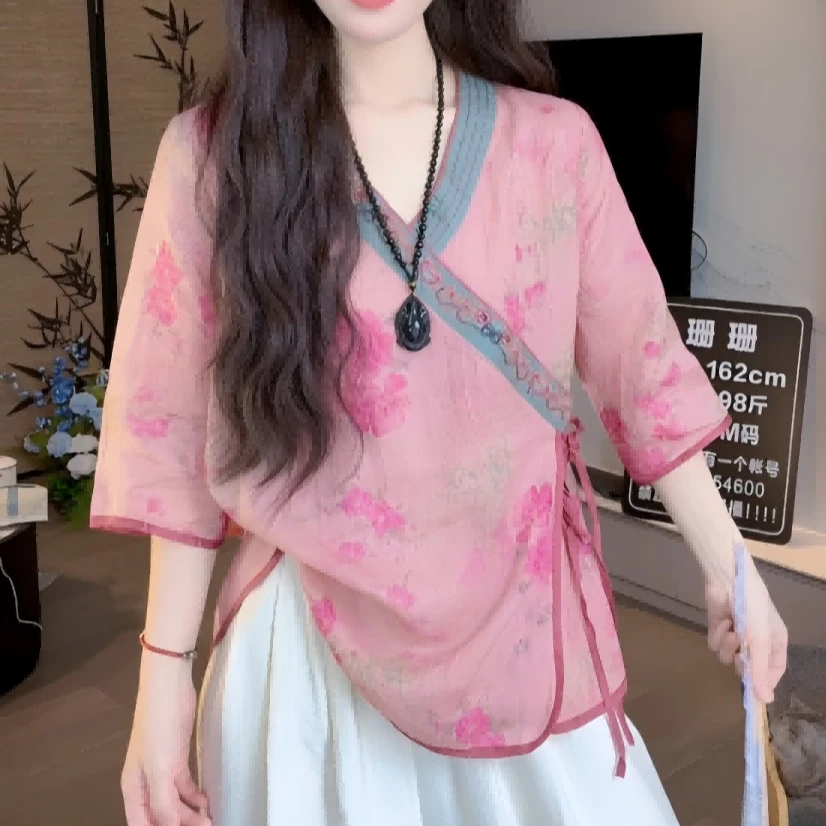 2025新款新中式国风花小衫女复古斜襟系带上衣