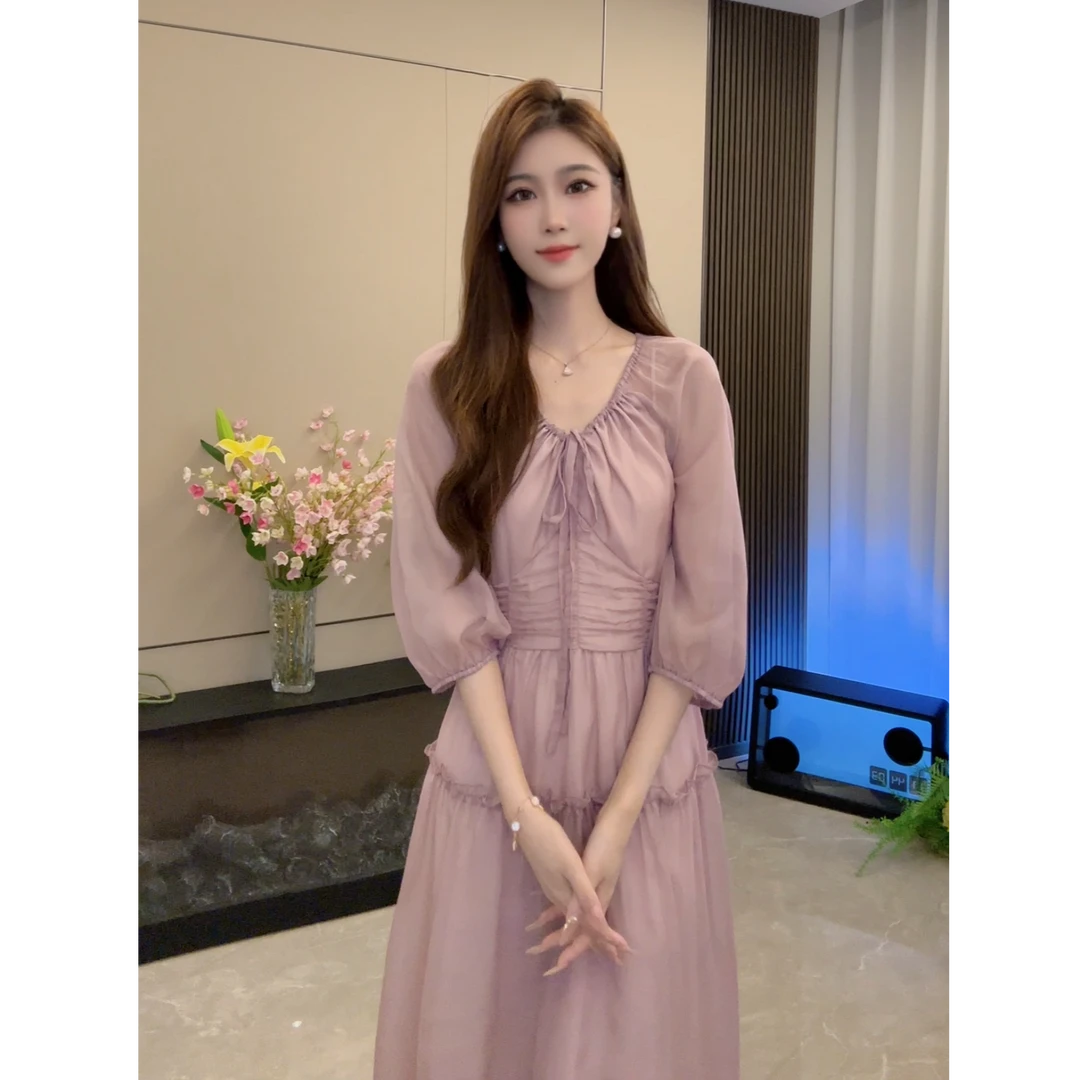 2025年夏季新款淡紫色透气温柔风收腰显瘦法式连衣裙女 YY-056