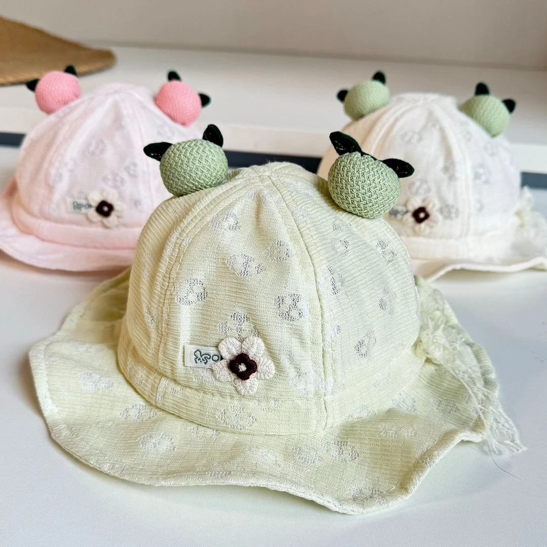 宝宝帽子春夏季薄款甜美公主遮阳渔夫帽洋气小苹果刺绣花调节盆帽