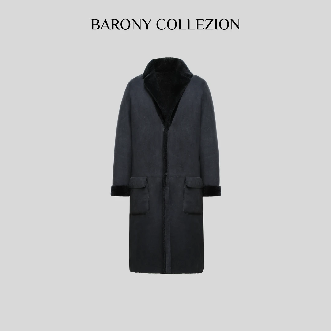 ‘BARONY’【8574】男士西班牙皮毛一体外套中长款双面经典时尚翻领
